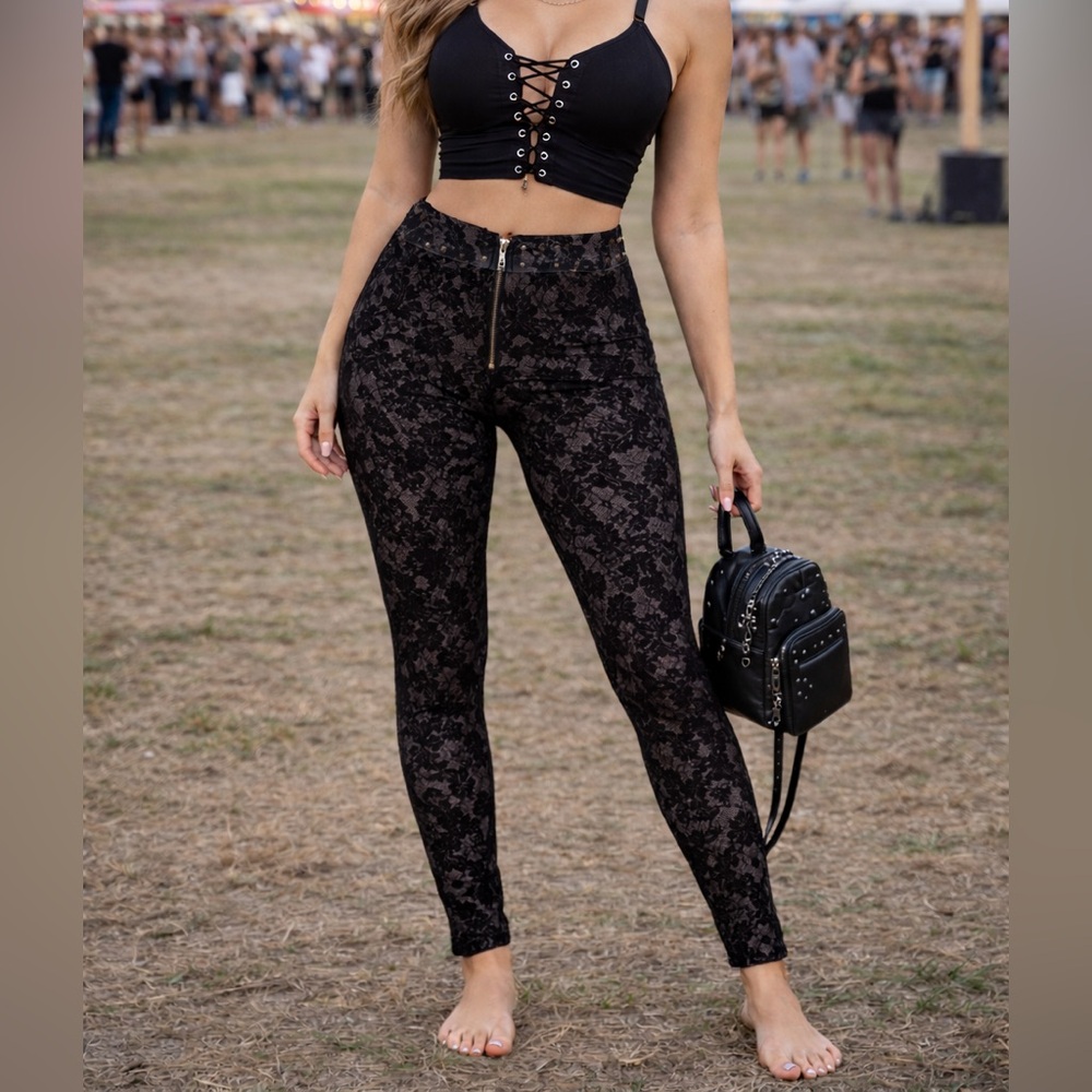 KTOO Gothic Lace Overlay High-Waist Leggings | Zip Front Pants | Small